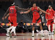 Scottie Barnes and Pascal Siakam of the Raptors celebrate